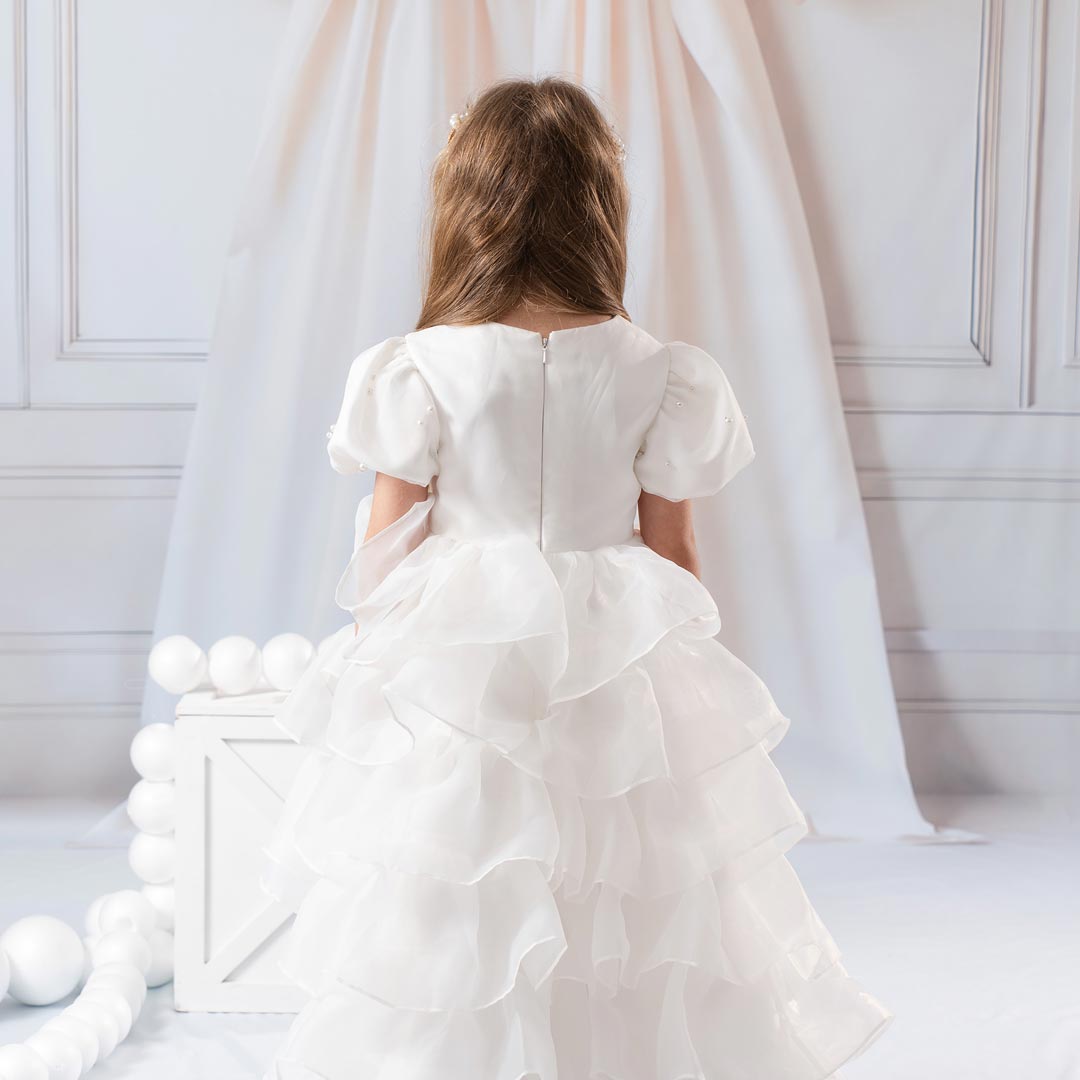 Kate Reinweißes, langes Kinderkleid aus Netzstoff mit Perlen-Haarband - Kate Backdrop.de