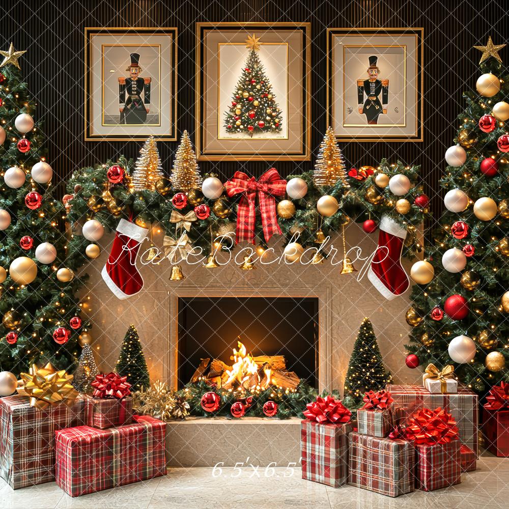 Kate Weihnachten Kamin Weihnachtsbaum Rot Gold Hintergrund Entworfen von Mini MakeBelieve - Kate Backdrop.de