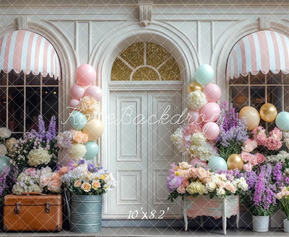 Kate Geburtstag Ballons Blumen Pastell Hintergrund Entworfen von Mini MakeBelieve - Kate Backdrop.de