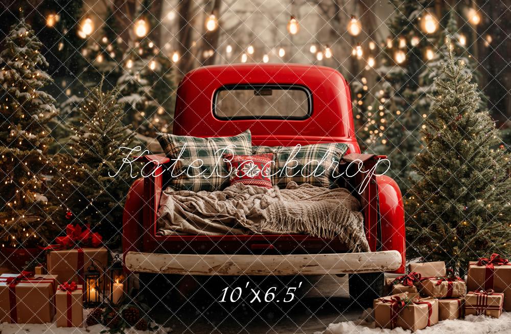 Kate Weihnachten Roter Pickup Tannenbäume Wald Fleece Hintergrund Entworfen von Emetselch - Kate Backdrop.de