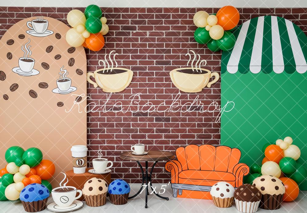 Kate Kaffeehaus Sofa Muffins Ziegelwand Hintergrund Entworfen von Patty Roberts - Kate Backdrop.de