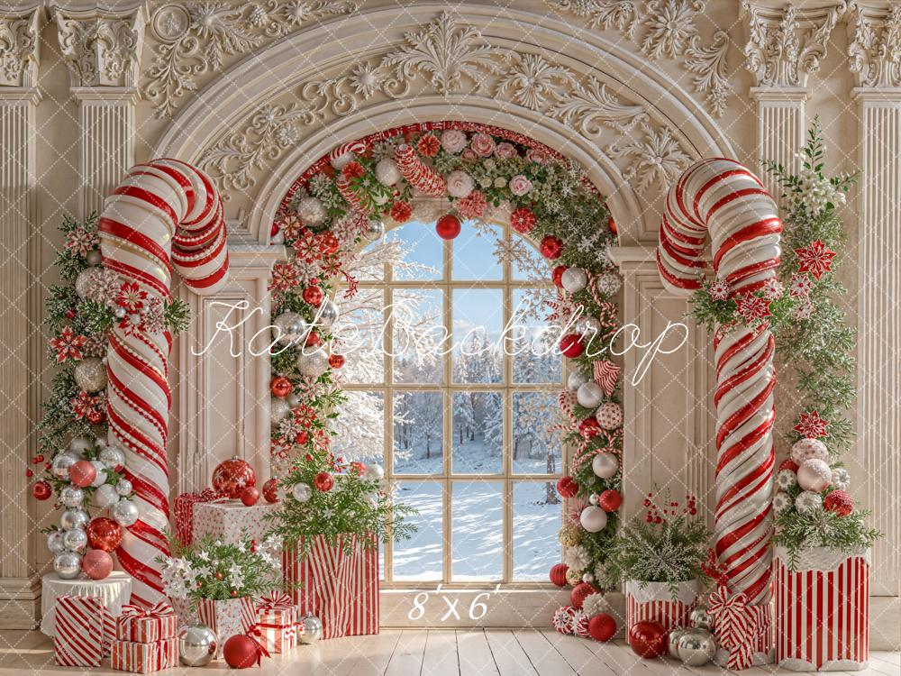 Kate Weihnachten Zuckerstangen Fenster Rot Weiß Fleece Hintergrund Entworfen von Emetselch - Kate Backdrop.de