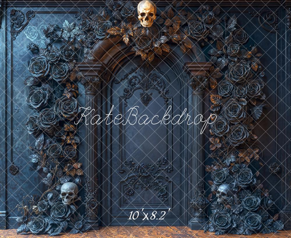 Kate Halloween Schädel Rosen Barock Dunkelblau Hintergrund Entworfen von Emetselch - Kate Backdrop.de
