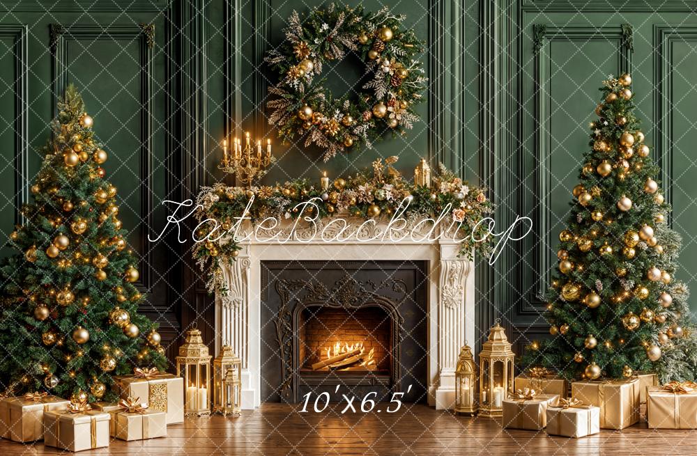Kate Weihnachten Kamin Weihnachtsbäume Gold Fleece Hintergrund Entworfen von Emetselch - Kate Backdrop.de