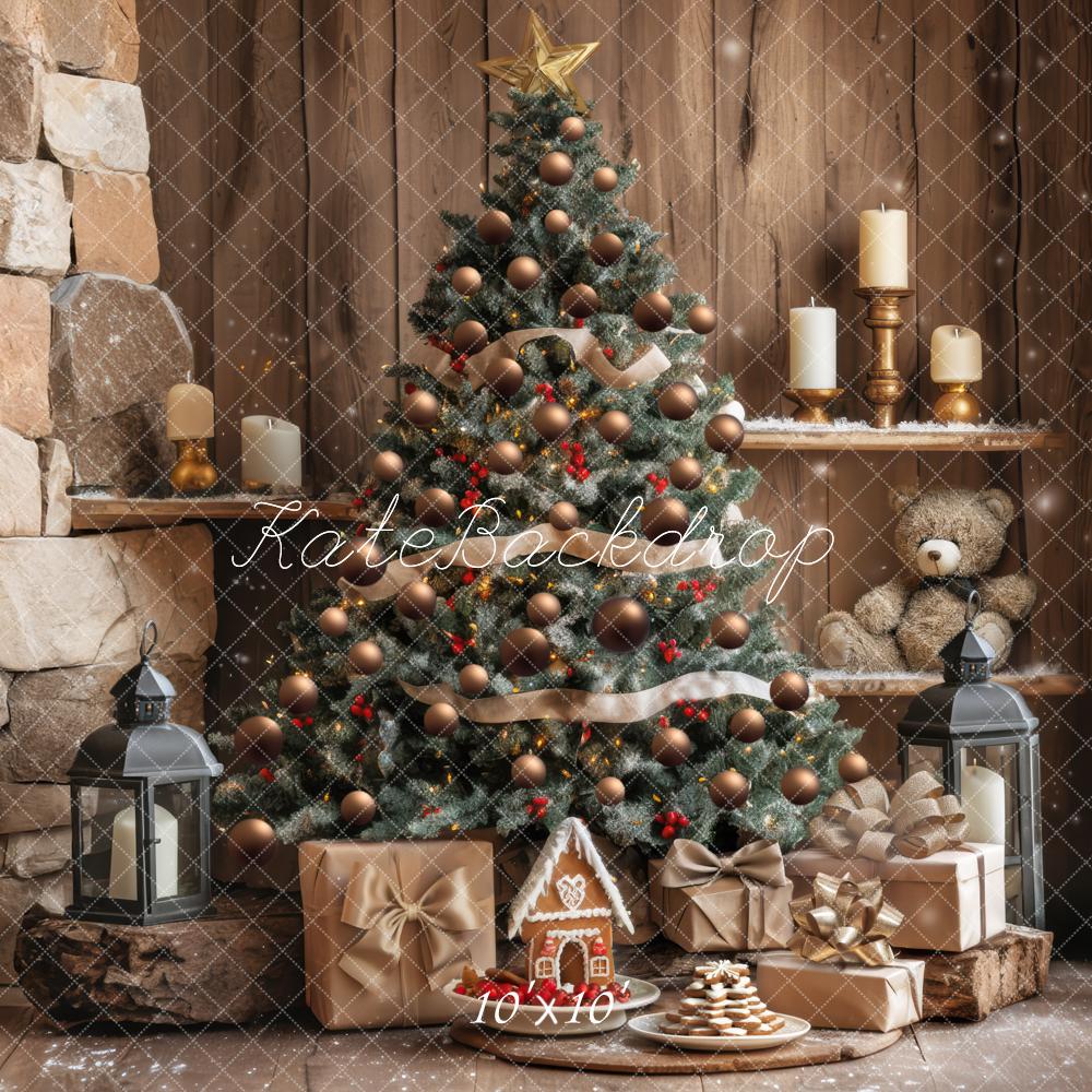 Kate Weihnachten Tannenbaum Geschenke Kamin Holz Hintergrund Entworfen von Mini MakeBelieve - Kate Backdrop.de