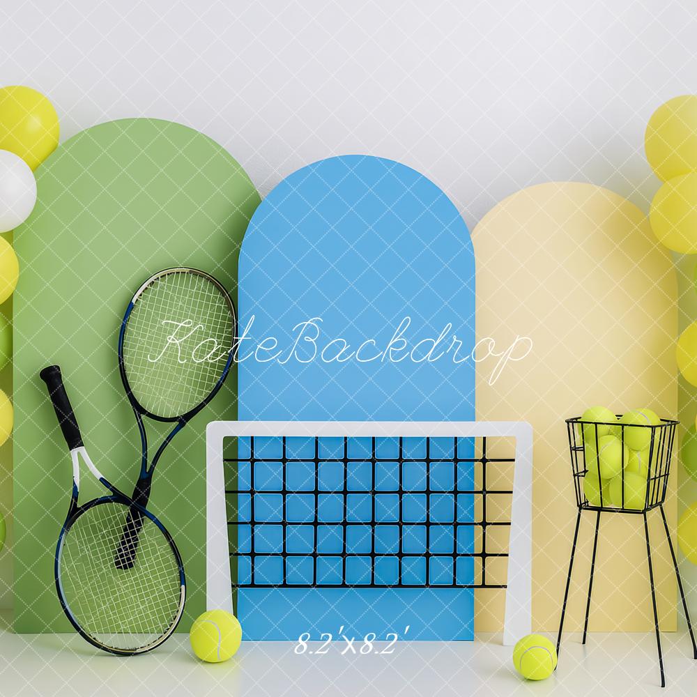 Kate Tennis Schläger Netz Ballons Bunt Hintergrund Entworfen von Patty Roberts - Kate Backdrop.de