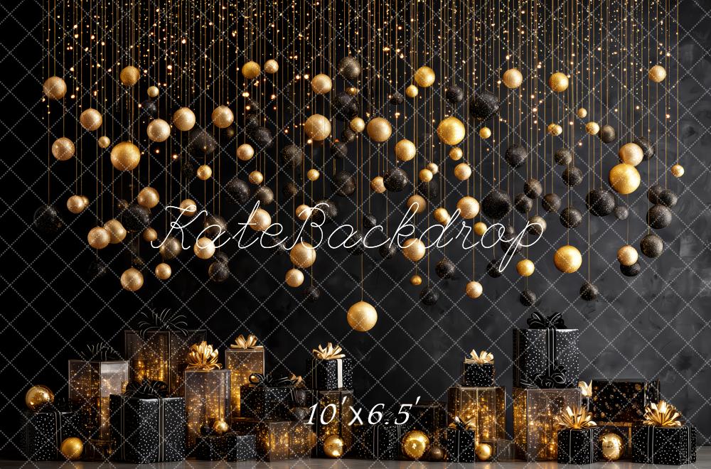 Kate Weihnachten Goldene Kugeln Geschenke Schwarz Hintergrund Entworfen von Patty Roberts - Kate Backdrop.de