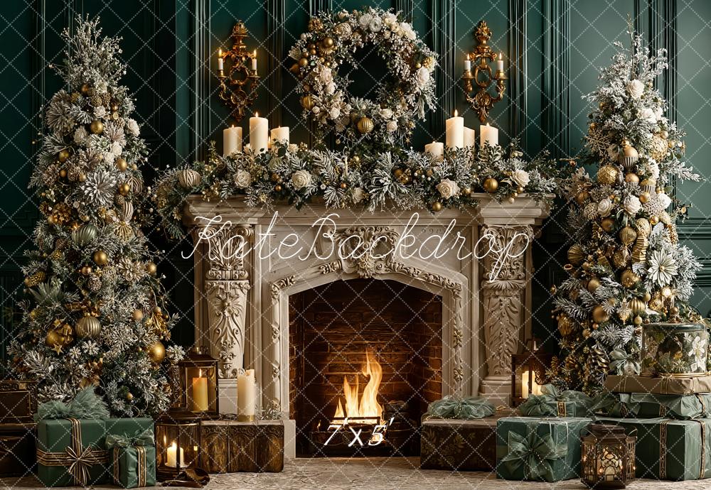 Kate Weihnachten Kamin Weihnachtsbaum Grün Gold Hintergrund Entworfen von Emetselch - Kate Backdrop.de