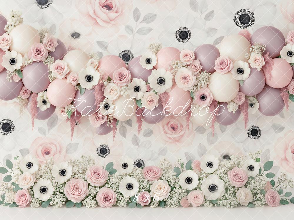 Kate Geburtstag Blumen Luftballons Pastell Hintergrund Entworfen von Ashley Paul - Kate Backdrop.de