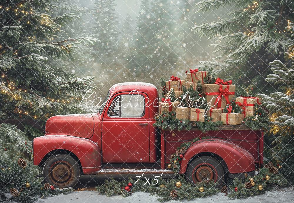 Kate Weihnachten Roter Truck Geschenke Wald Hintergrund Entworfen von Emetselch - Kate Backdrop.de