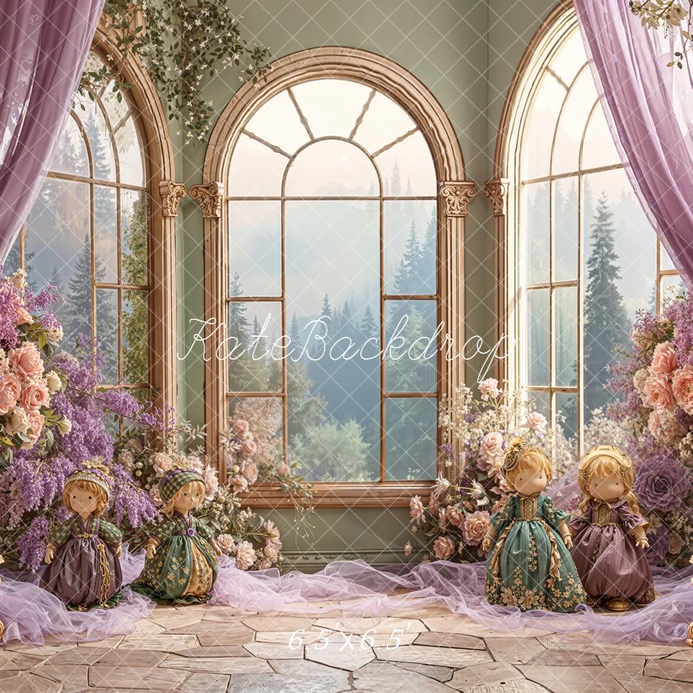 Kate Kinder Puppen Fenster Blumen Lila Hintergrund Entworfen von Emetselch - Kate Backdrop.de