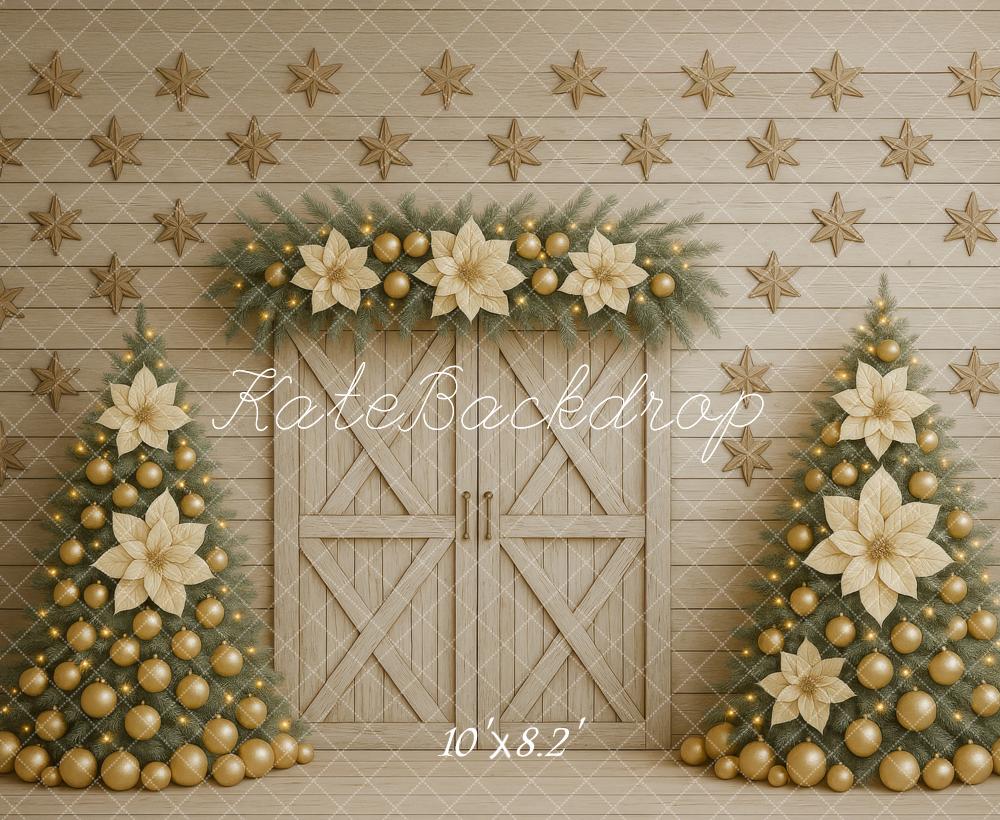 Kate Weihnachten Tannenbäume Gold Beige Hintergrund Entworfen von Megan Leigh - Kate Backdrop.de