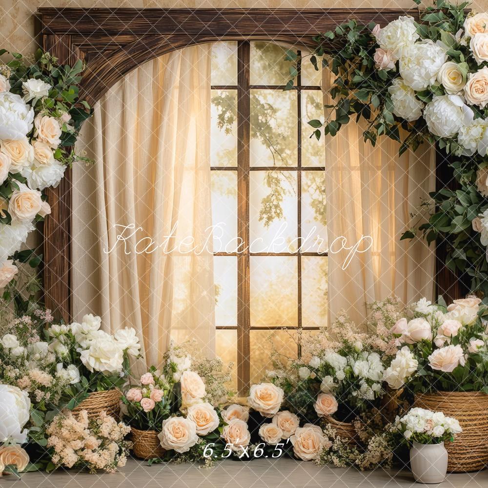 Kate Hochzeit Fenster Blumen Creme Hintergrund Entworfen von Mini MakeBelieve - Kate Backdrop.de