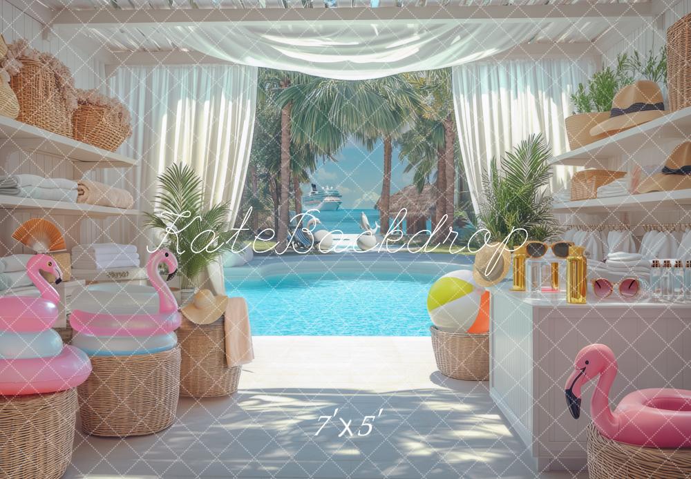Kate Sommer Pool Palmen Strandhaus Hintergrund Entworfen von Mini MakeBelieve - Kate Backdrop.de