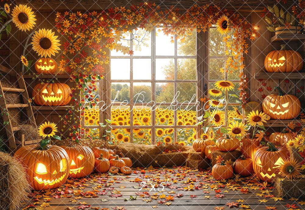Kate Halloween Kürbisse Sonnenblumen Holz Hintergrund Entworfen von Chain - Kate Backdrop.de