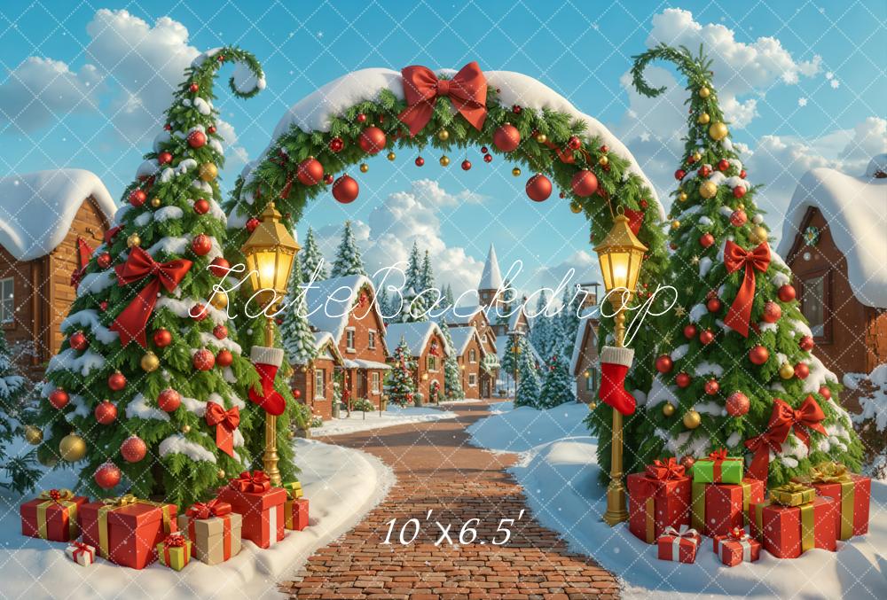 Kate Weihnachten Dorf Geschenkboxen Tannenbäume Fleece Hintergrund Entworfen von Emetselch - Kate Backdrop.de