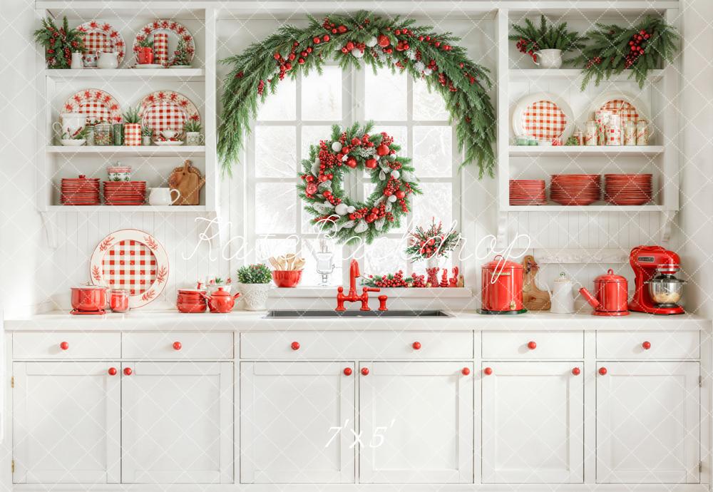 Kate Weihnachten Küche Kranz Rot Weiß Hintergrund Entworfen von Emetselch - Kate Backdrop.de