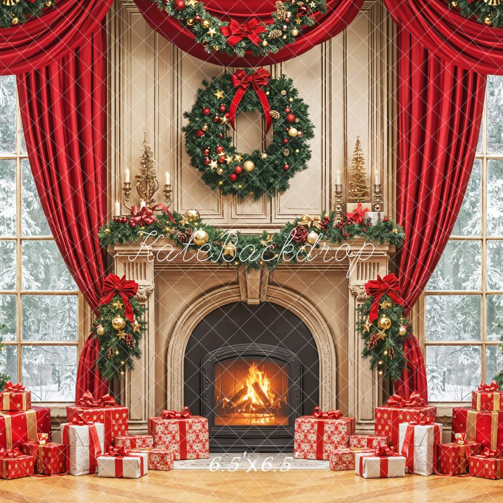 Kate Weihnachten Kamin Tannenbaum Rot Hintergrund Entworfen von Emetselch - Kate Backdrop.de