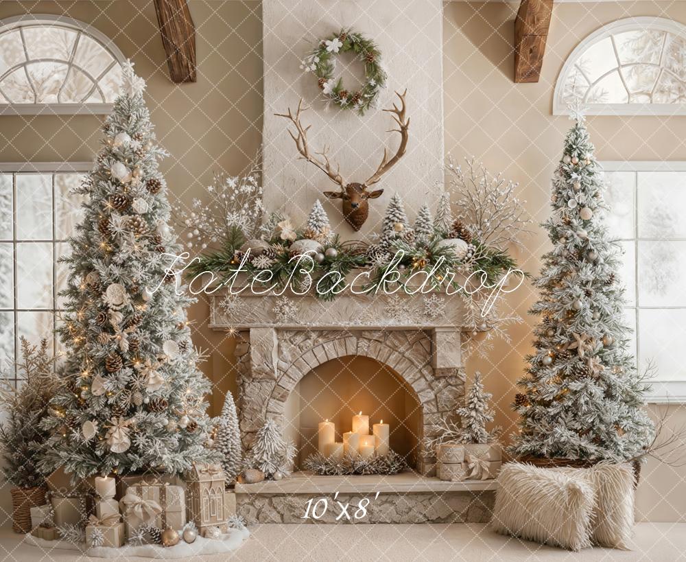 Kate Weihnachten Kamin Schneebäume Rustikal Fleece Hintergrund Entworfen von Emetselch - Kate Backdrop.de