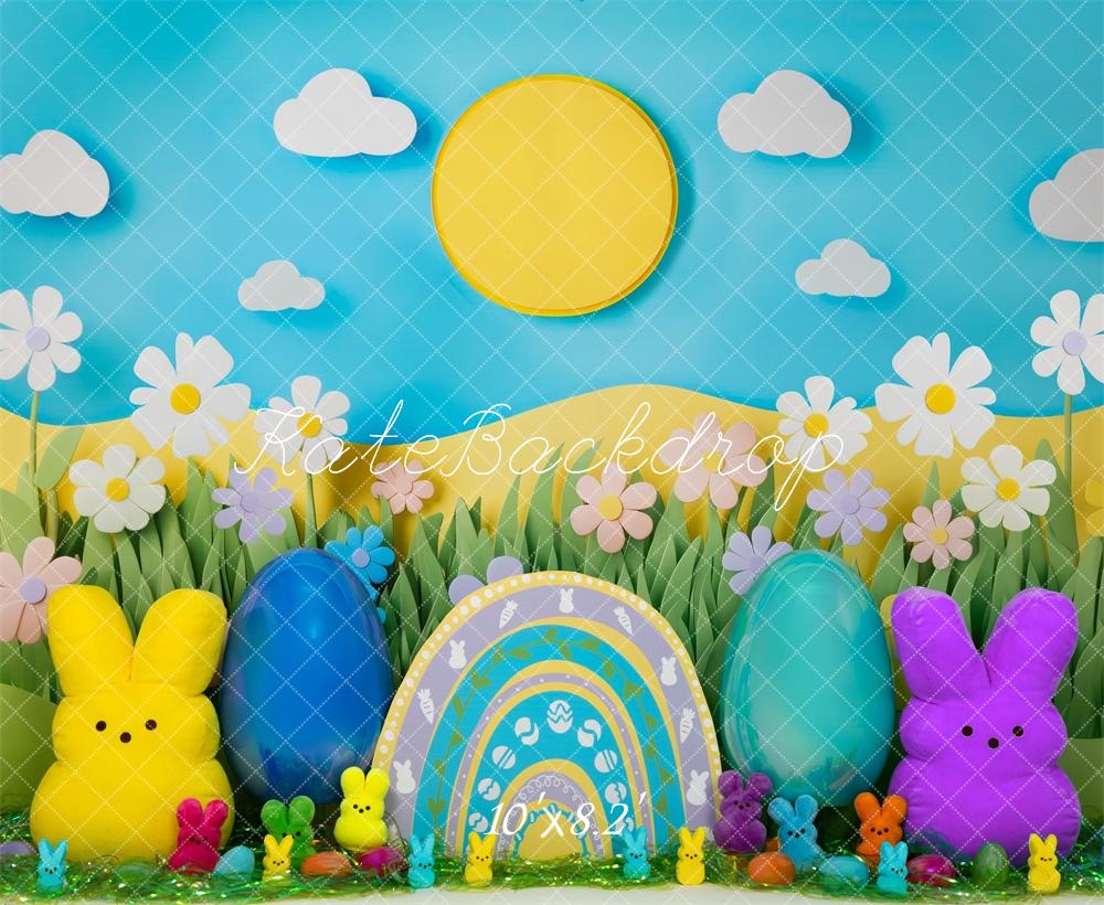 Kate Ostern Hase Eier Blumenwiese Bunt Hintergrund Entworfen von Mini MakeBelieve