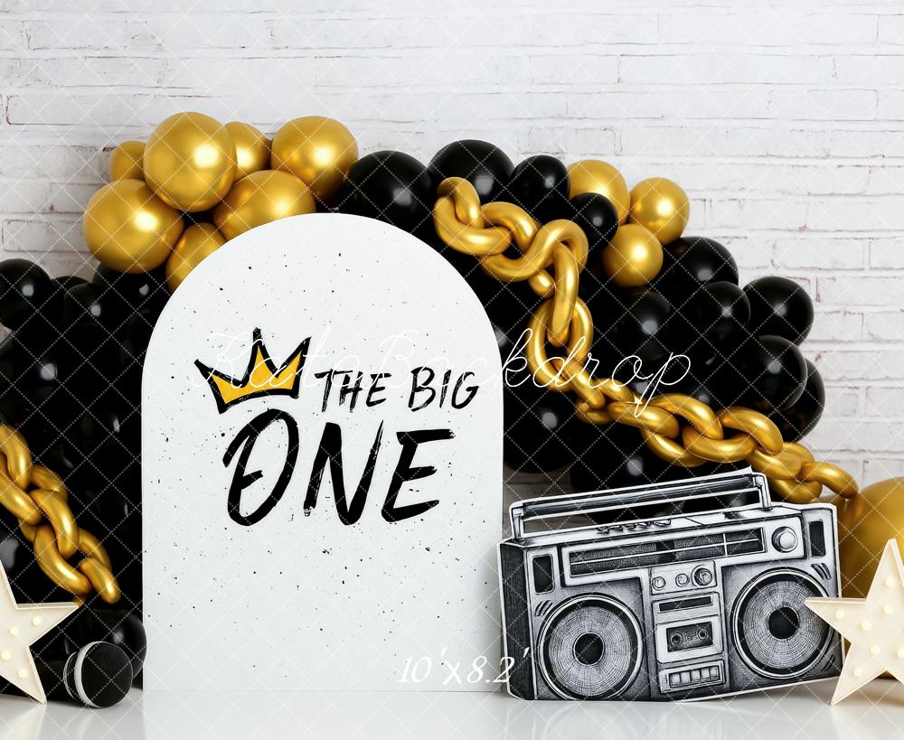 Kate Geburtstag Ballons Ketten Schwarz Gold Hintergrund Entworfen von Patty Roberts - Kate Backdrop.de