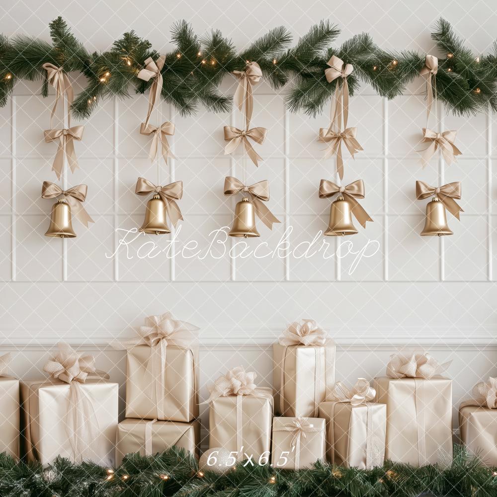 Kate Weihnachten Geschenke Glocken Gold Hintergrund Entworfen von Patty Roberts - Kate Backdrop.de