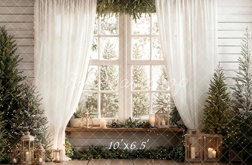 Kate Weihnachten Fenster Tannen Weiß Fleece Hintergrund Entworfen von Emetselch - Kate Backdrop.de