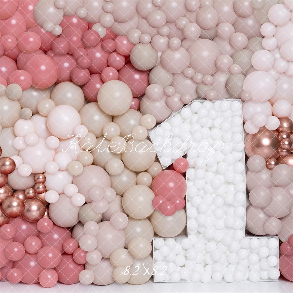 Kate Erste Geburtstag Ballonwand Rosa Creme Hintergrund Entworfen von Kerry Anderson - Kate Backdrop.de