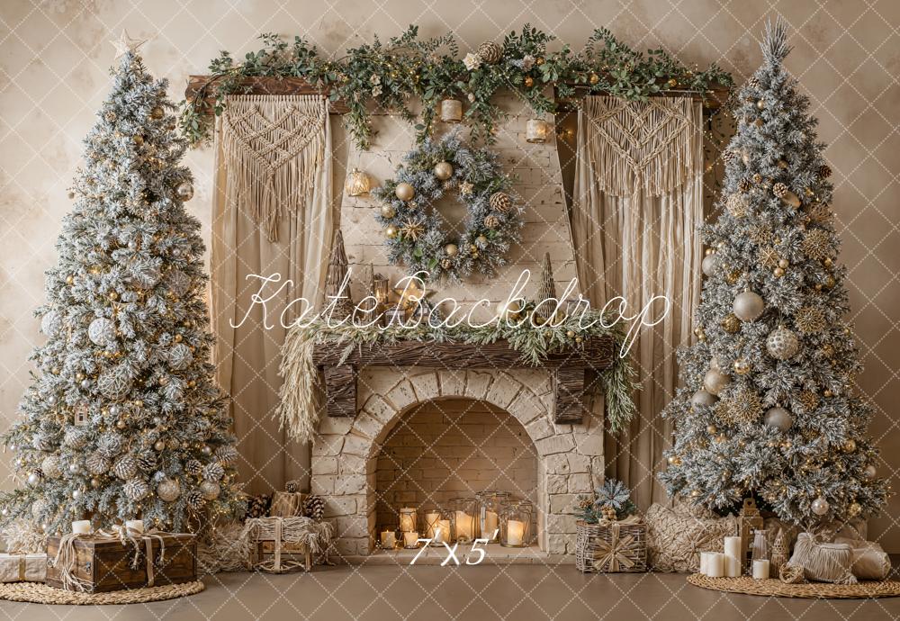 Kate Weihnachten Kamin Weihnachtsbäume Beige Hintergrund Entworfen von Emetselch - Kate Backdrop.de