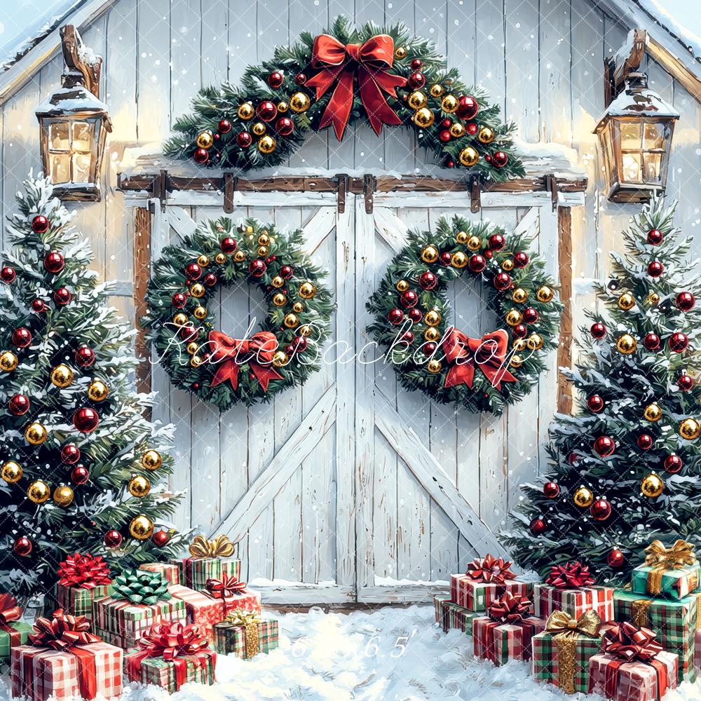 Kate Weihnachten Scheune Geschenke Kranz Hintergrund Entworfen von Mini MakeBelieve - Kate Backdrop.de