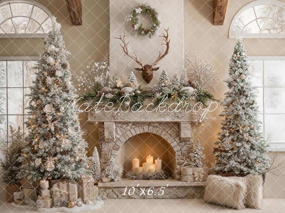 Kate Weihnachten Kamin Schneebäume Rustikal Fleece Hintergrund Entworfen von Emetselch - Kate Backdrop.de