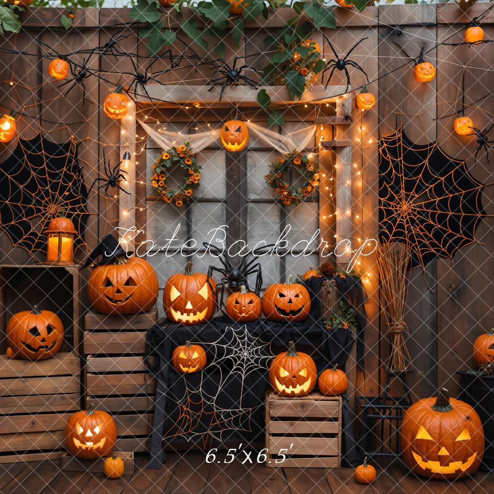 Kate Halloween Kürbisse Spinnennetze Holz Hintergrund Entworfen von Emetselch