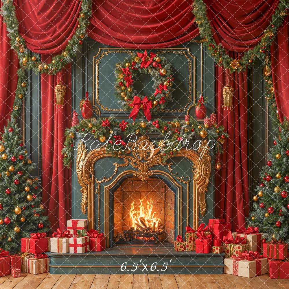 Kate Weihnachten Kamin Tannenbaum Rot Hintergrund Entworfen von Emetselch - Kate Backdrop.de
