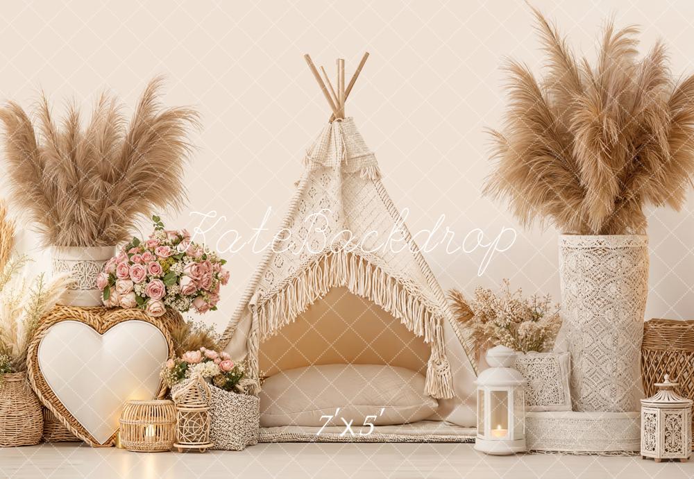 Kate Boho Zelt Pampasgras Blumen Beige Hintergrund Entworfen von Emetselch - Kate Backdrop.de