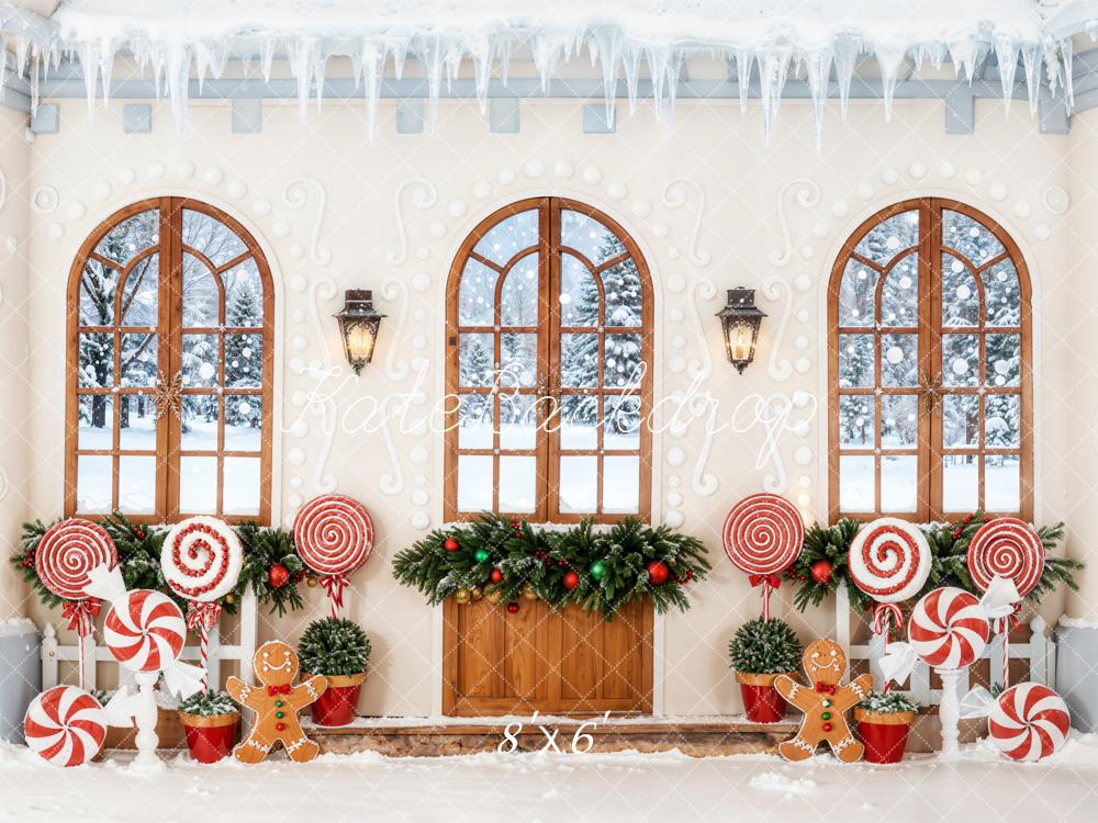 Kate Weihnachten Lebkuchenhaus Zuckerstangen Fenster Fleece Hintergrund Entworfen von Emetselch