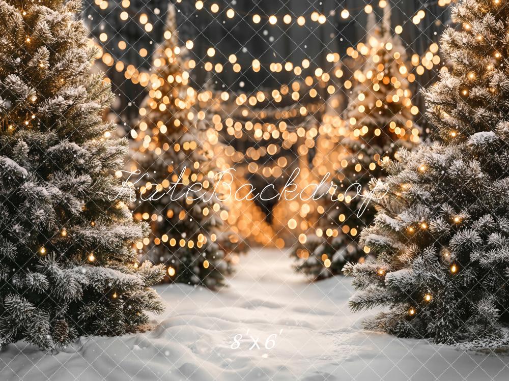 Kate Weihnachten Verschneite Tannen Lichter Warm Fleece Hintergrund Entworfen von Emetselch - Kate Backdrop.de