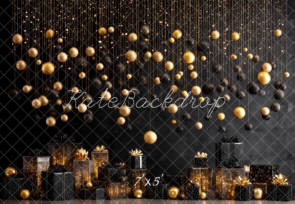 Kate Weihnachten Goldene Kugeln Geschenke Schwarz Hintergrund Entworfen von Patty Roberts - Kate Backdrop.de