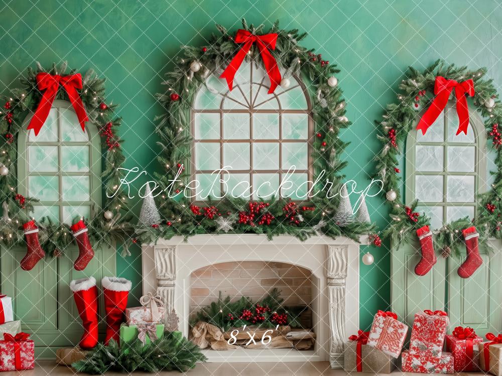 Kate Weihnachten Kamin Fenster Girlande Grün Hintergrund Entworfen von Patty Roberts - Kate Backdrop.de