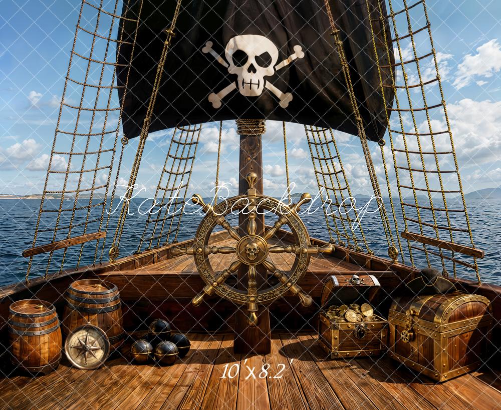 Kate Piraten Schiff Schatztruhe Schwarz Gold Hintergrund Entworfen von Emetselch