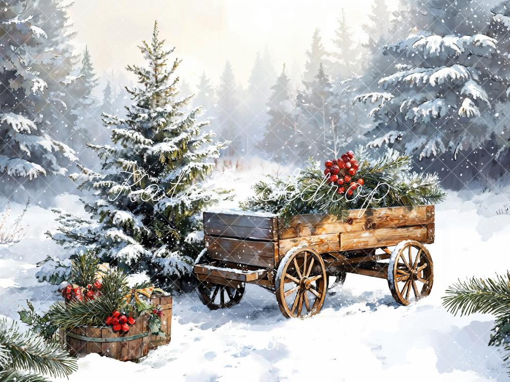 Kate Weihnachten Holzwagen Schnee Wald Fleece Hintergrund Entworfen von Emetselch