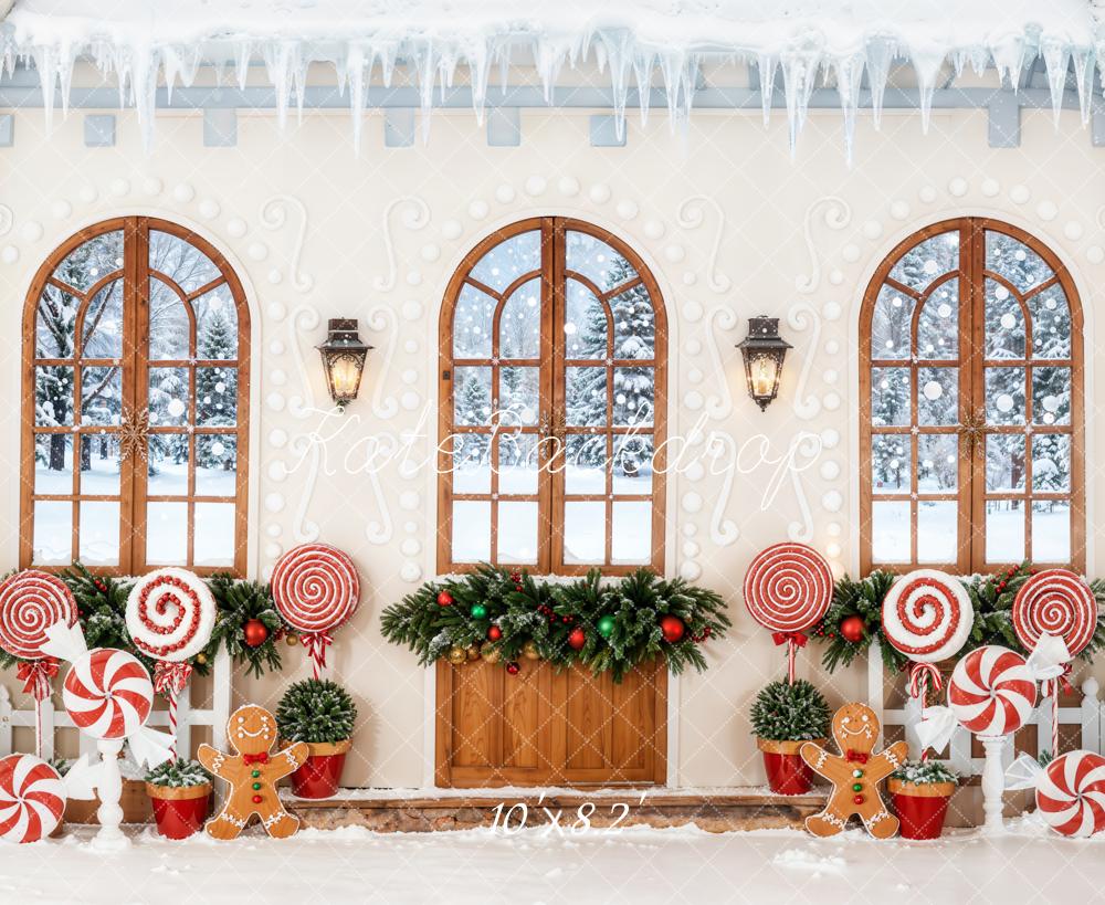 Kate Weihnachten Lebkuchenhaus Zuckerstangen Fenster Fleece Hintergrund Entworfen von Emetselch