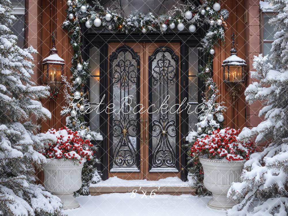 Kate Weihnachten Eisentür Schneebedeckte Tannen Fleece Hintergrund Entworfen von Emetselch - Kate Backdrop.de