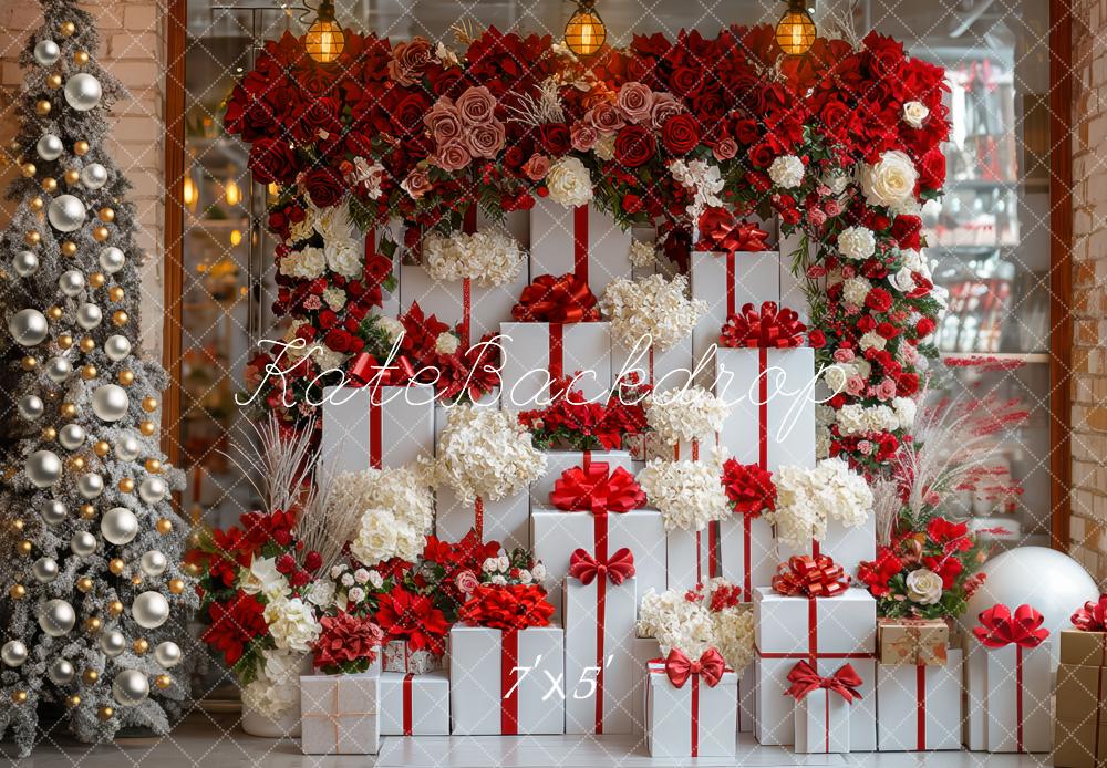 Kate Weihnachten Geschenke Blumen Rot Weiß Hintergrund Entworfen von Mini MakeBelieve - Kate Backdrop.de