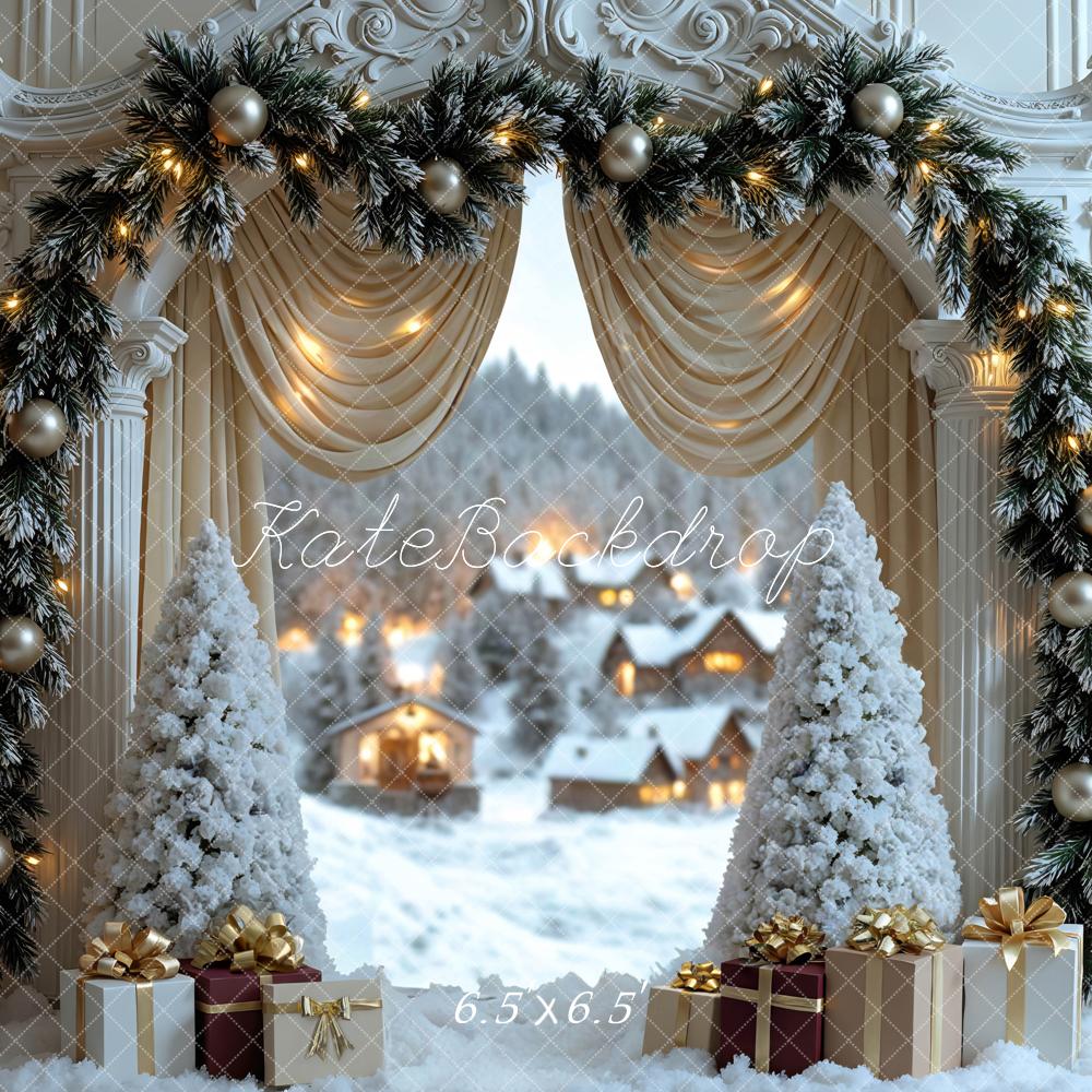 Kate Weihnachten Fenster Winterdorf Weiß Gold Hintergrund Entworfen von Mini MakeBelieve - Kate Backdrop.de