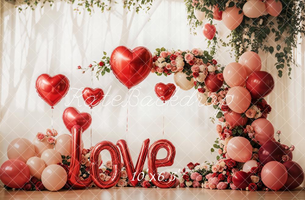 Kate Valentinstag Herzballons Blumenbogen Rot Hintergrund Entworfen von Emetselch
