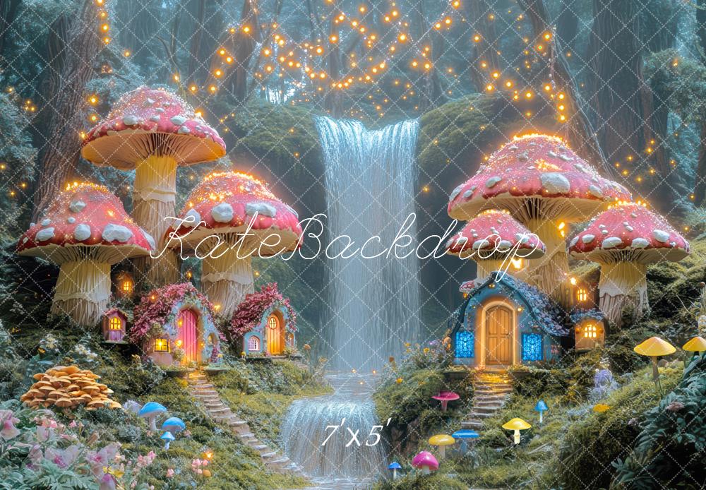 Kate Märchenwald Pilzhäuser Wasserfall Magisch Hintergrund Entworfen von Mini MakeBelieve - Kate Backdrop.de