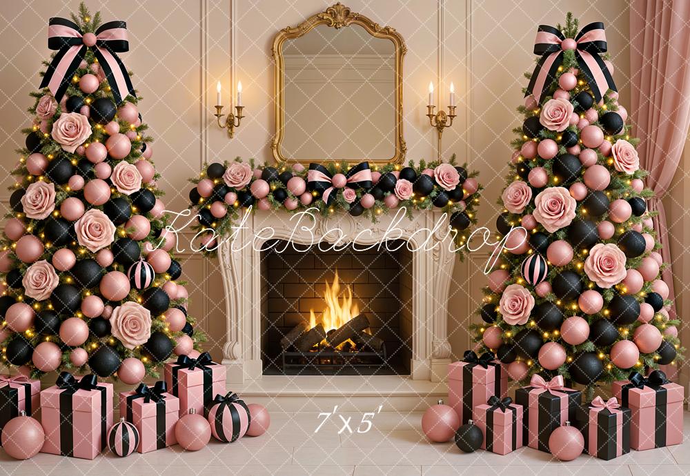 Kate Weihnachten Christbaum Kamin Rosa Hintergrund Entworfen von Ashley Paul - Kate Backdrop.de