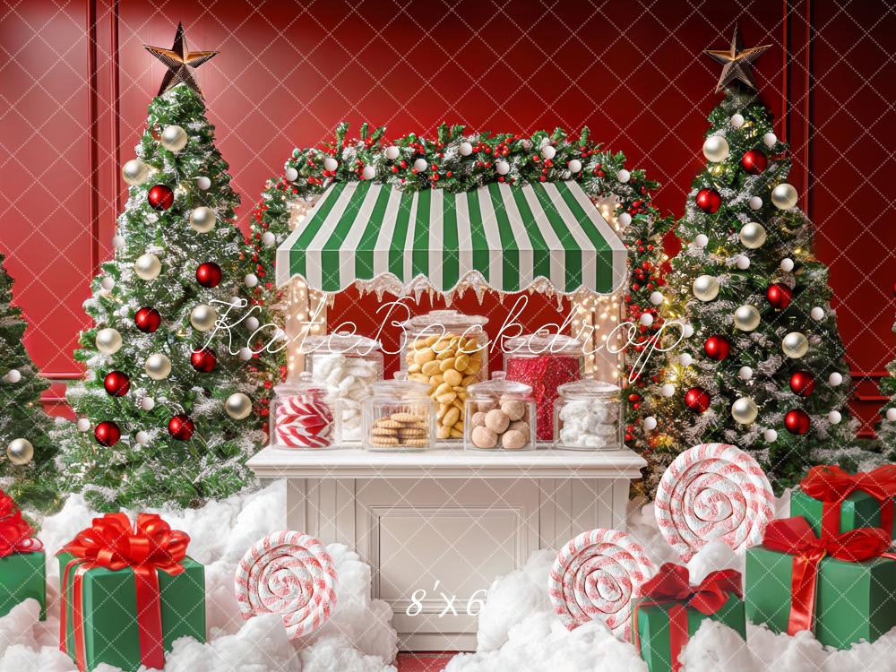 Kate Weihnachten Süßigkeitenstand Tannenbäume Rot Grün Hintergrund Entworfen von Mini MakeBelieve - Kate Backdrop.de