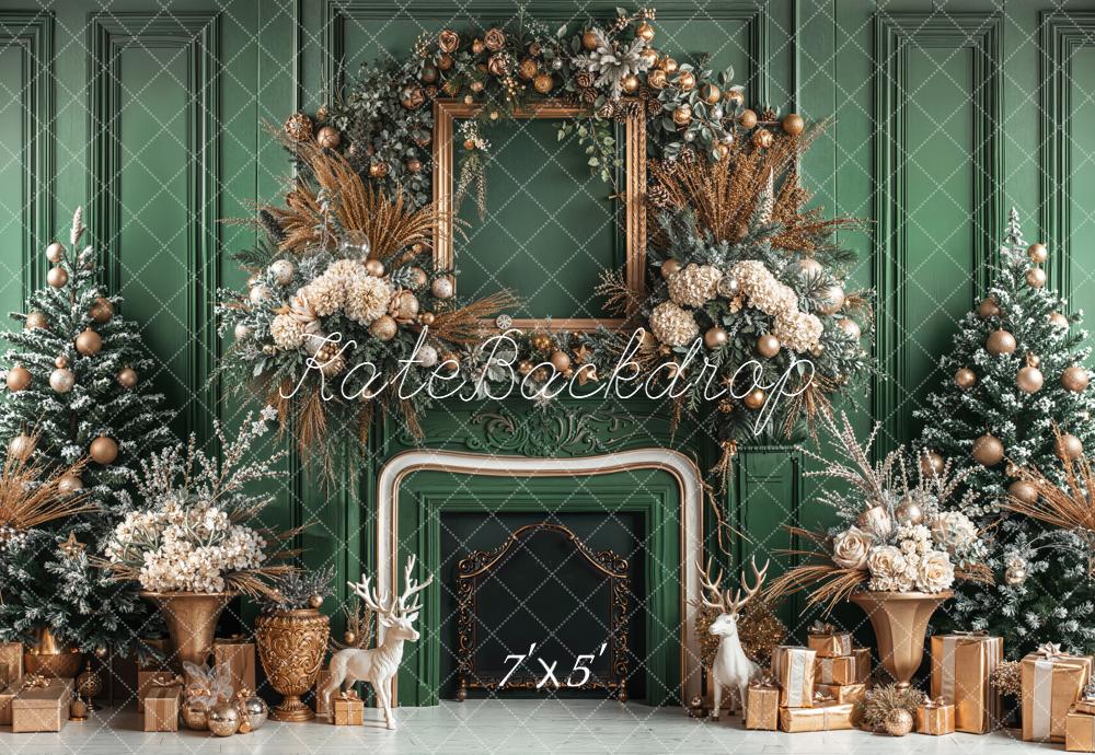 Kate Weihnachten Kamin Tannenbaum Grün Gold Hintergrund Entworfen von Emetselch - Kate Backdrop.de