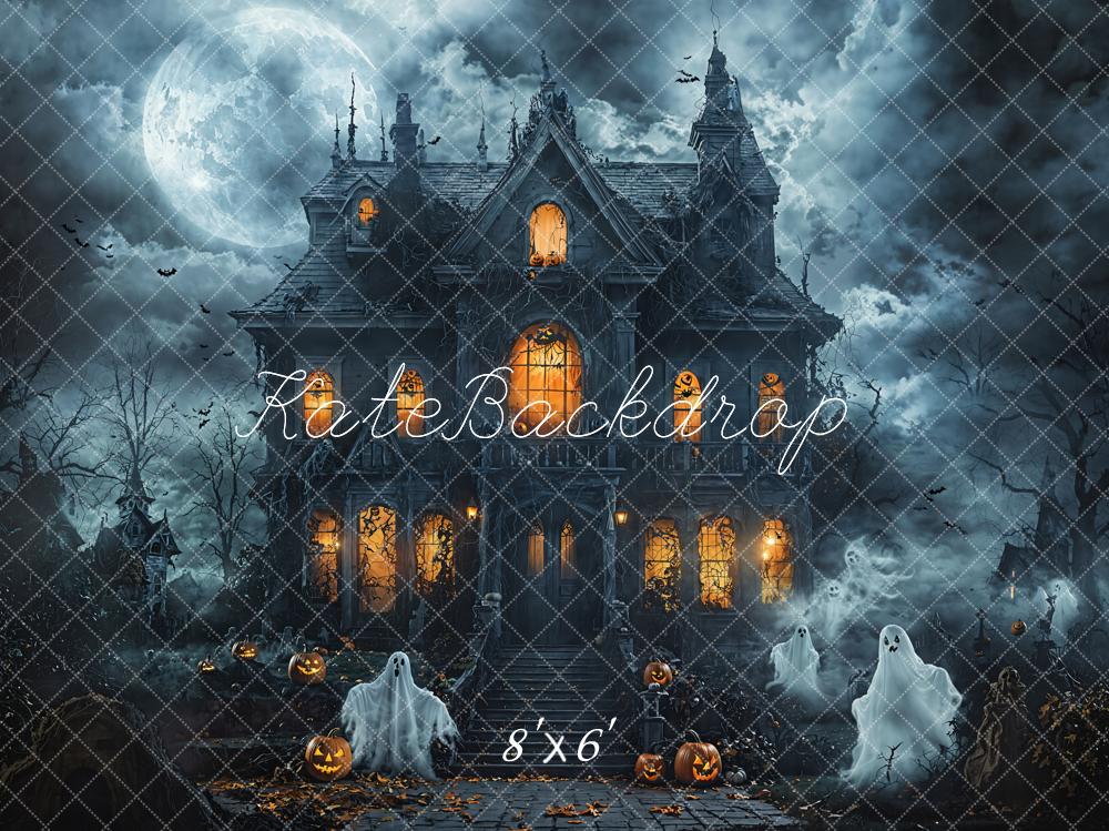 Kate Halloween Spukhaus Kürbisse Blau Fleece Hintergrund Entworfen von Emetselch